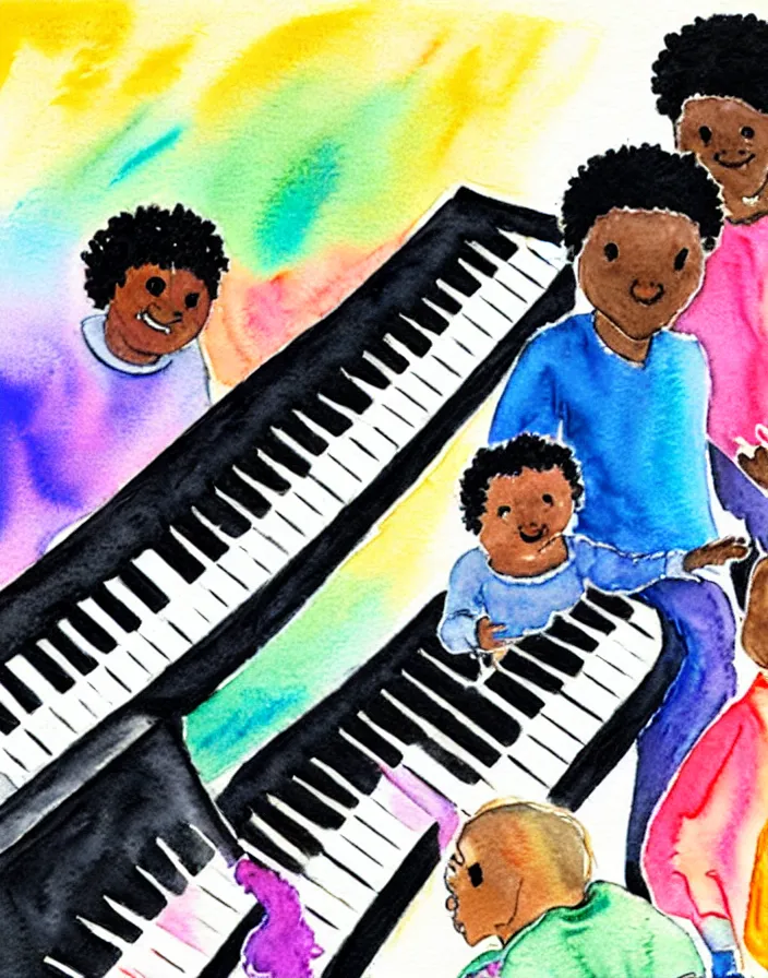 Prompt: a white person and a black person near the piano keyboard with two dogs water colors