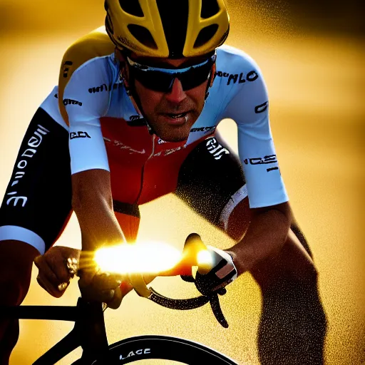 Prompt: sport photography of lance amstrong biking on the tour de france ( tdf ) with a huge lit rocket on his back, motion blur, 8 0 mm, f 4. 0, golden hour, trending on artstation, hyper realistic