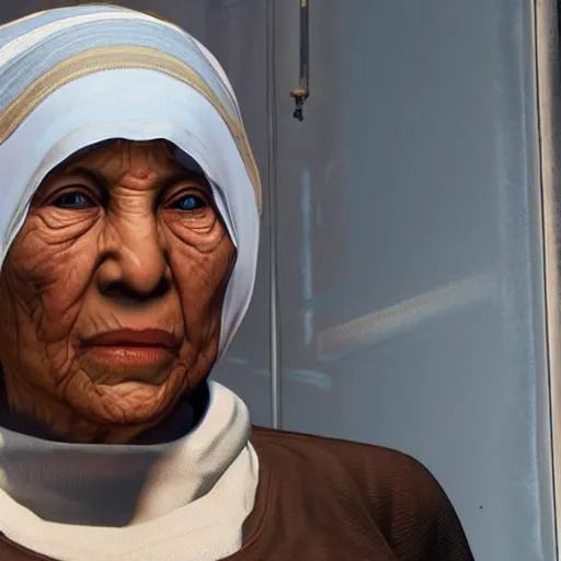 Image similar to Mother Theresa as a gangster in GTA5 8k hyperdetailed photorealism ultra high quality