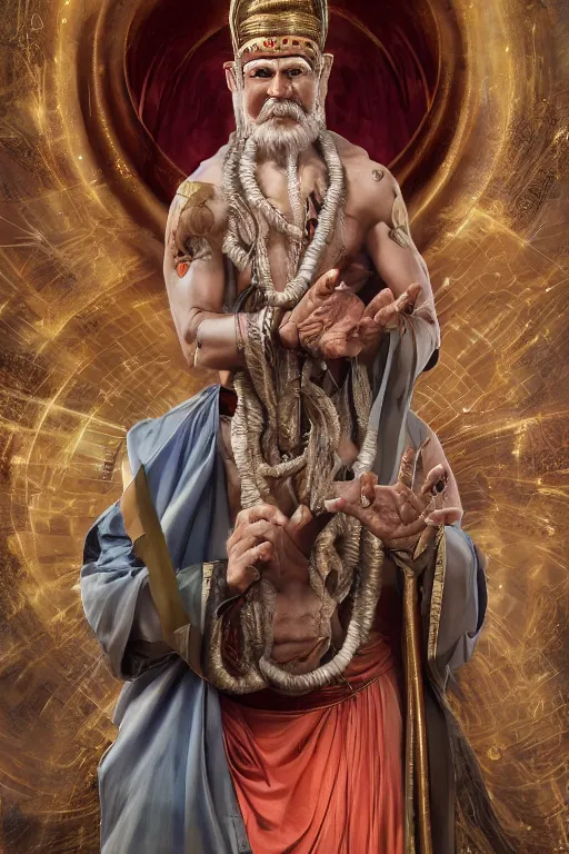 Image similar to long shot, photographic studio portrait of batara guru,god of revelations; by artgerm and Craig Mullins, James Jean, Andrey Ryabovichev, Mark Simonetti and Peter Morbacher 16k