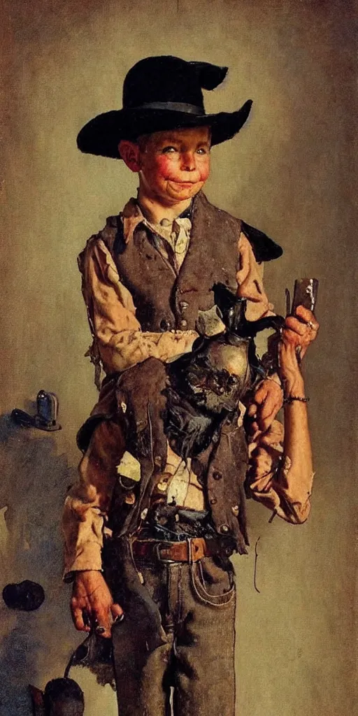 Prompt: “ ( ( ( ( ( cowboy wearing a miniature hat ) ) ) ) ) by norman rockwell!!!!!!!!!!!!!!!!!!!!! ”