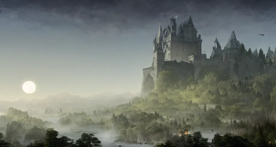 Prompt: old castle rising up from the mist in the morning silhouetted by a single huge moon, crystal lake, waterfall, realistic, matte painting, unreal engine, 8k, wide angle, f12, butterflies, horses, anders zorn, thomas kincade, trending on artstation, lava, dungeons and dragons, fun, happy