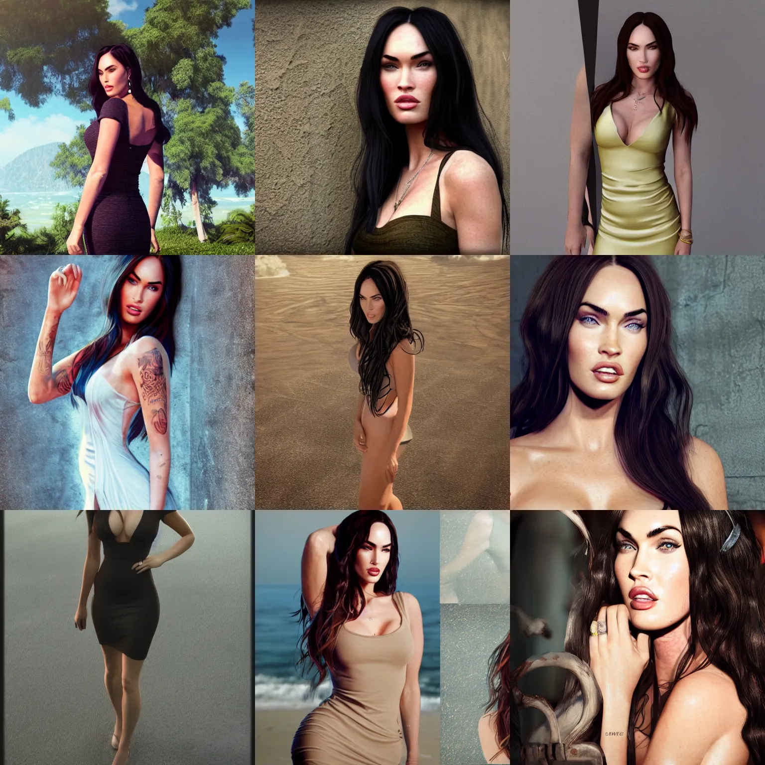 Prompt: Megan Fox in a summer-dress, Highly Detailed, Photorealism, HD quality, 8k resolution, cinema 4d, 3D, unreal engine 5, high quality, beautiful, cinematic