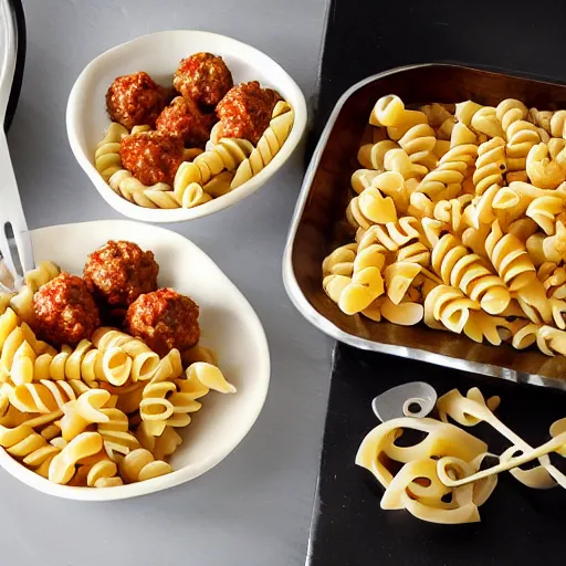 Prompt: pasta and meatballs shaped into a living room set