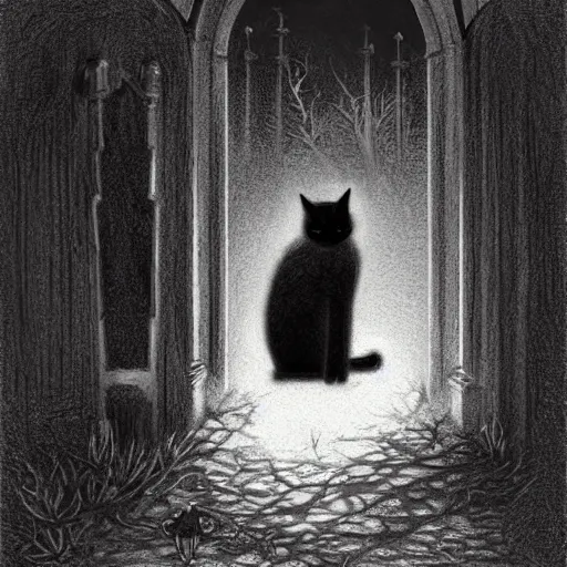 Image similar to close up of black cat in graveyard at midnight, pencil sketch, realistic shaded, fine details, realistic shaded lighting poster by greg rutkowski