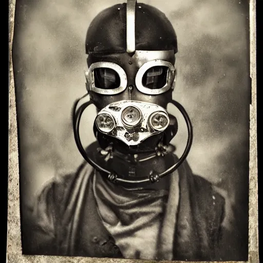 Image similar to tintype photographs of techno shamans, telepaths, dieselpunk cyborgs, masked heroes, irradiated humans, mystic mutates and monster hunters