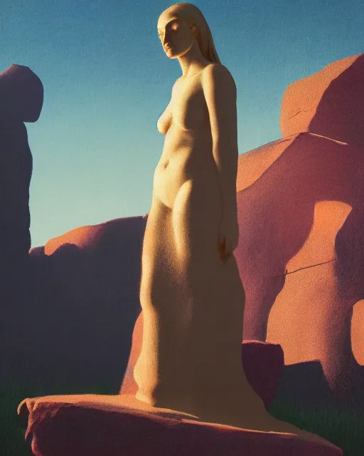 Image similar to a painting of a real woman standing in front of a huge stone statue, a screenshot by stanley twardowicz, cgsociety, aestheticism, aesthetic, vaporwave, anime aesthetic