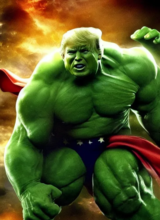 Prompt: donald trump as the hulk, green, superhero movie poster still, 4 k