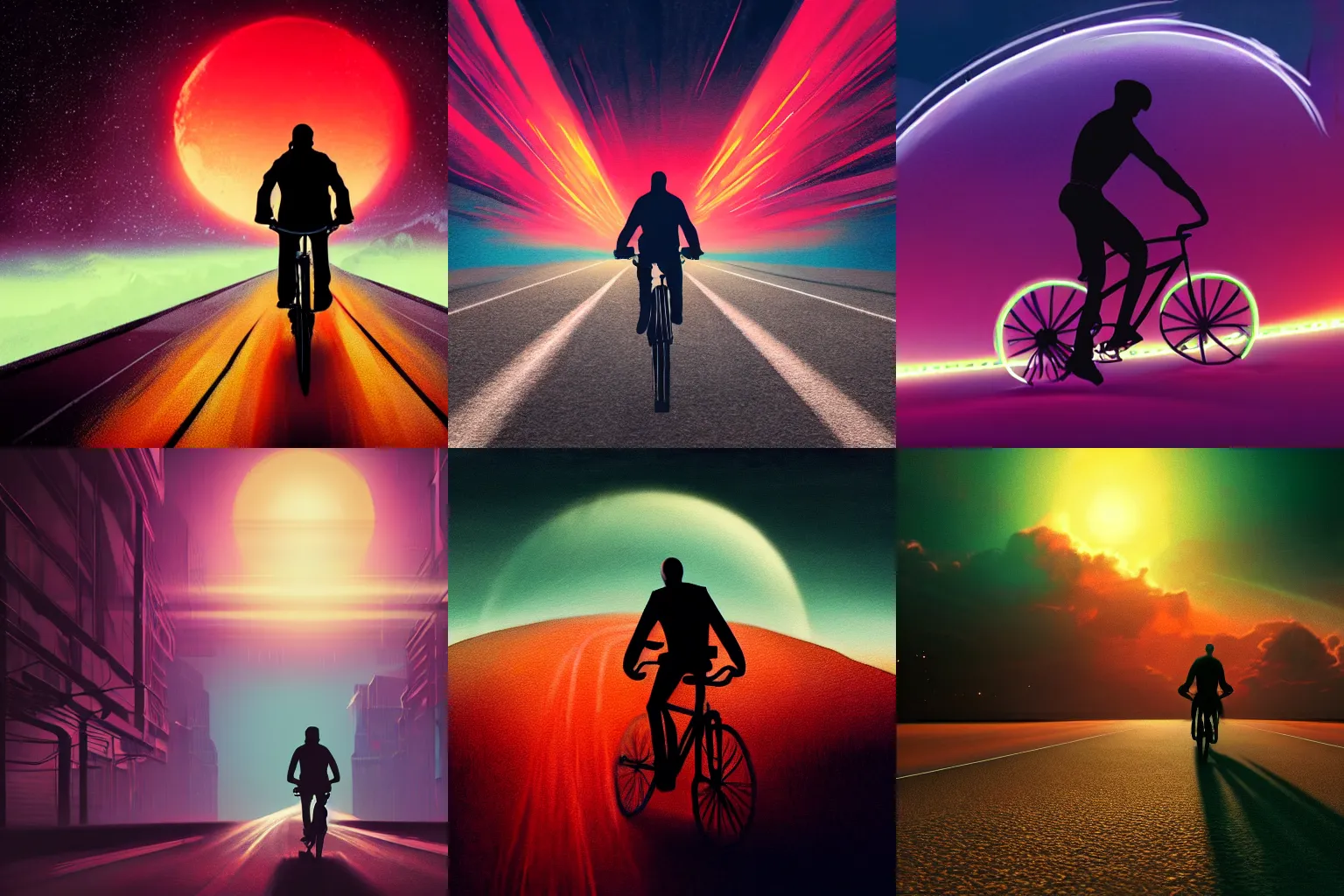Prompt: realistic painting of a silhouette of a man riding a bicycle on an endless road on an alien cyberpunk neon planet, cinematic, atmospheric, 8k, tranquil, desolate