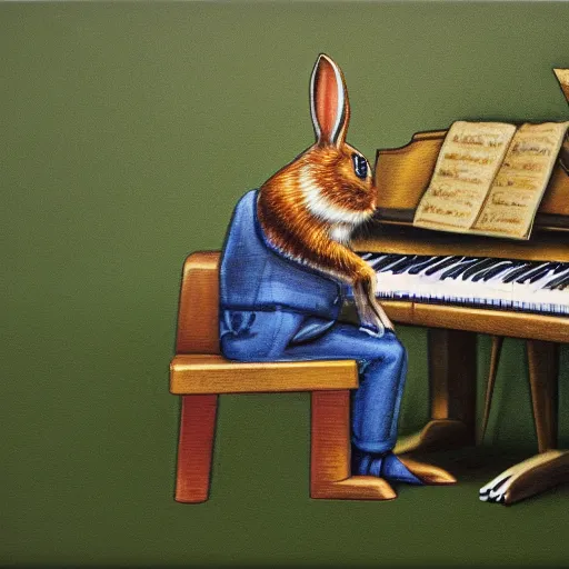 Image similar to green rabbit playing a piano hyperrealism