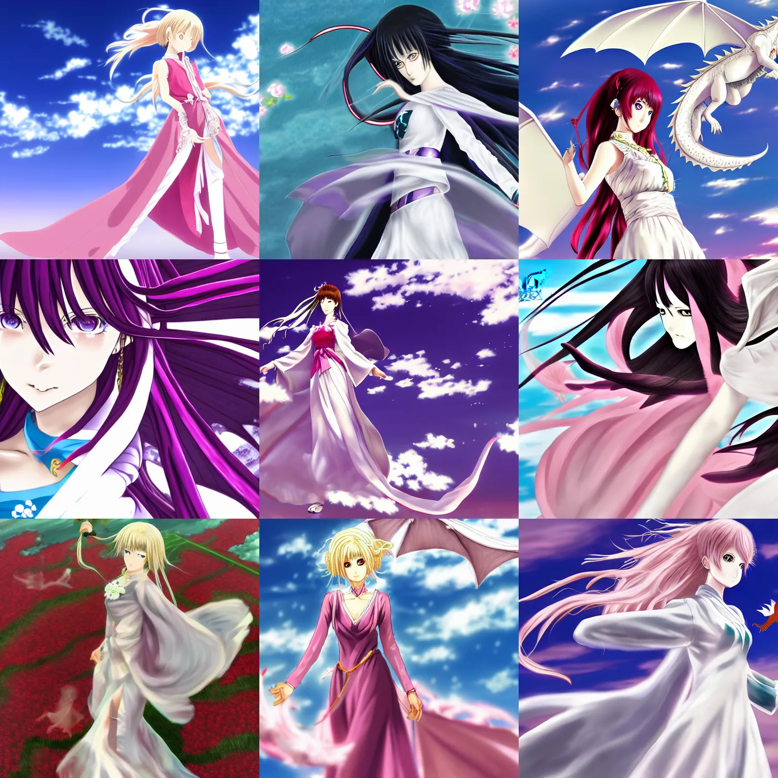 Prompt: anime girl with a white long dress flies with a dragon by hirohiko araki, pixiv digital art, 4 k