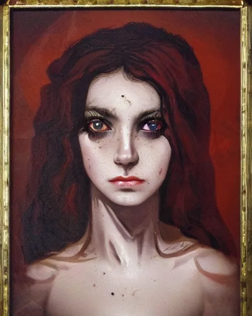 Prompt: a beautiful and eerie baroque painting of a gorgeous young woman from vampire the masquerade bloodlines, with wild dark hair and freckles and haunted eyes, 1 9 7 0 s, afternoon light, delicate embellishments, painterly