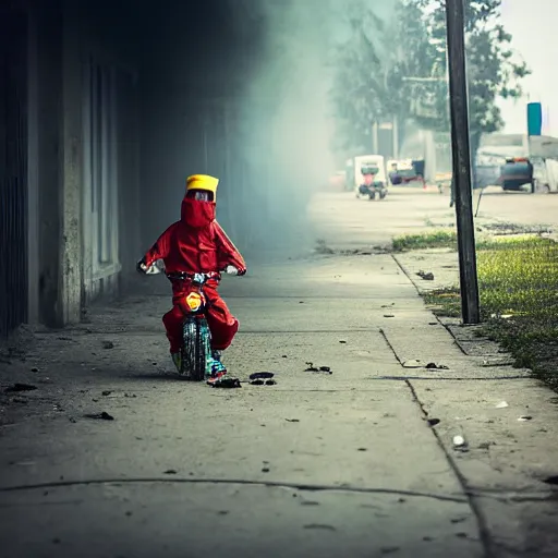 Image similar to a photo of a boy wearing a hazmat suit, riding a bike, side-view, smoke in the background, filthy streets, broken cars. Vines growing. Jpeg artifacts. Full-color photo. Color color color color color. Award-winning photo. Samyang/Rokinon Xeen 50mm T1.5