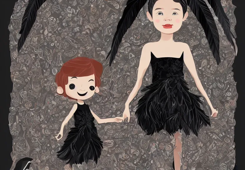 Prompt: little girl with a short black haircut wearing a dress made of black feathers, artwork in disney art style, anatomically perfect