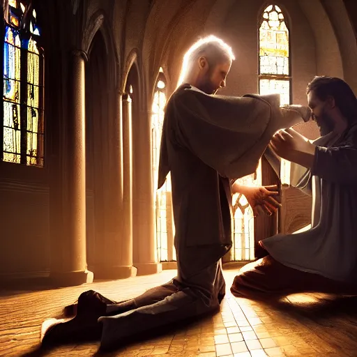 Prompt: angel protecting man who is praying inside a gothic church, studio light, 4K highly detailed, realistic style, playing with with light and dark