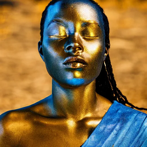 Image similar to portrait of metallic face, african woman, proud looking away, liquid metal, mercury, outdoor, blue sky, nature, 8 k, realistic, depth of field, highly detailed, award winning photography