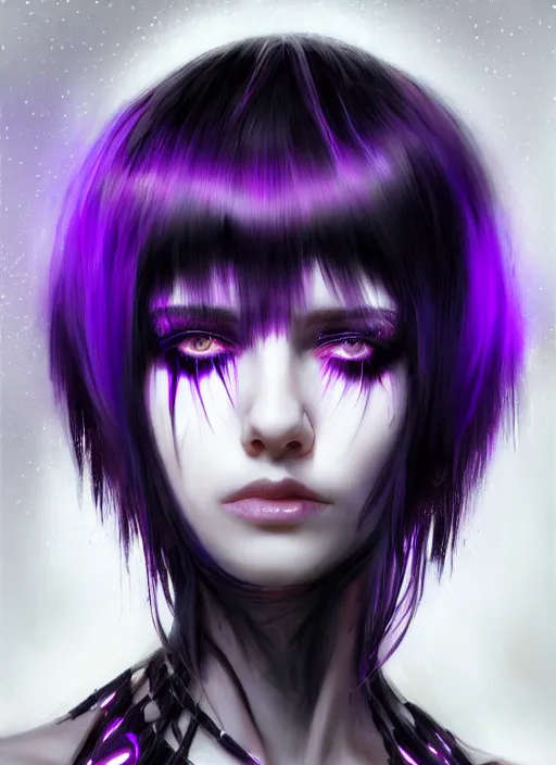 Image similar to hair whitebangs hair, black cyberlox, portrait of teenage girl with white bangs, whitebangsblackhair, messy bangs, cyberlox, whitebangs, red irises, purple clothes, intricate, elegant, glowing lights, highly detailed, digital painting, artstation, concept art, sharp focus, illustration, art by wlop, mars ravelo and greg rutkowski