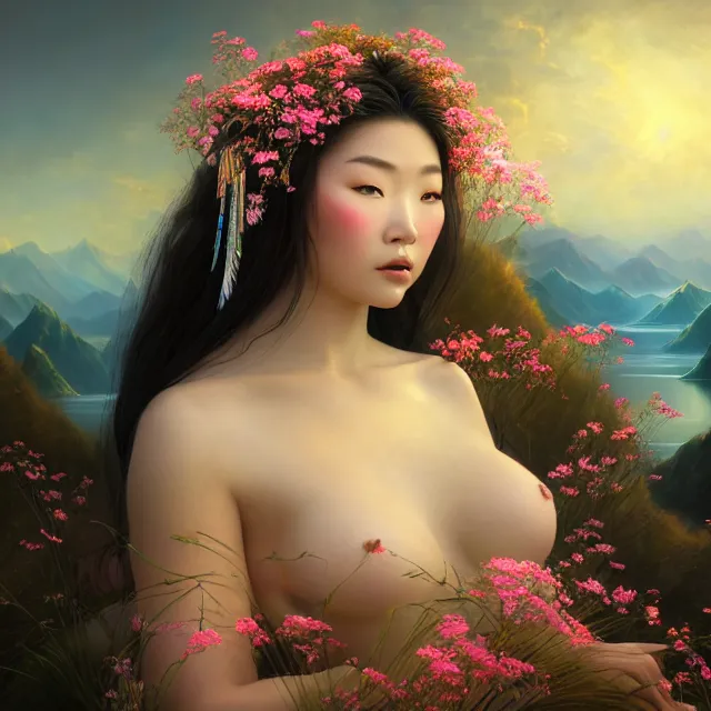 Prompt: beautiful 3 d render of an angelic mongolian princess in a sensual pose covered with flowers, sexy face with full makeup, atmospheric lighting, intricate, volumetric lighting, beautiful, rich deep colours masterpiece, sharp focus, ultra detailed, in the art style of bowater, charlie, brom, gerald, with lake baikal in the background, astrophotography