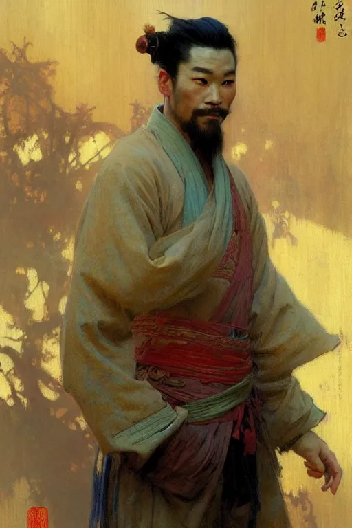 Image similar to attractive man, ming dynasty, cool colors, painting by gaston bussiere, craig mullins, greg rutkowski, alphonse mucha