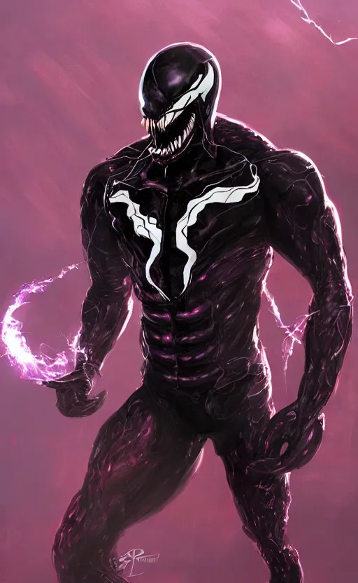 Image similar to venom in a venom inspired ironman suit, purple, black and red, dynamic lighting, photorealistic fantasy concept art, trending on art station, stunning visuals, terrifying, creative, cinematic