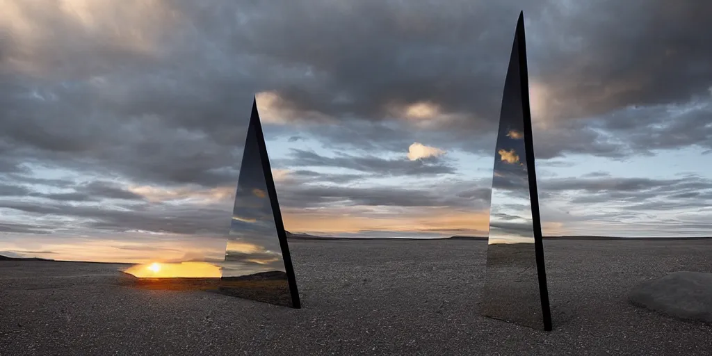 Image similar to futuristic angular minimalist sculpture made from deconstucted charcoal wood and mirrors, refracted, floating, iceland landscape photography sunset, by lurie belegurschi and gunnar freyr