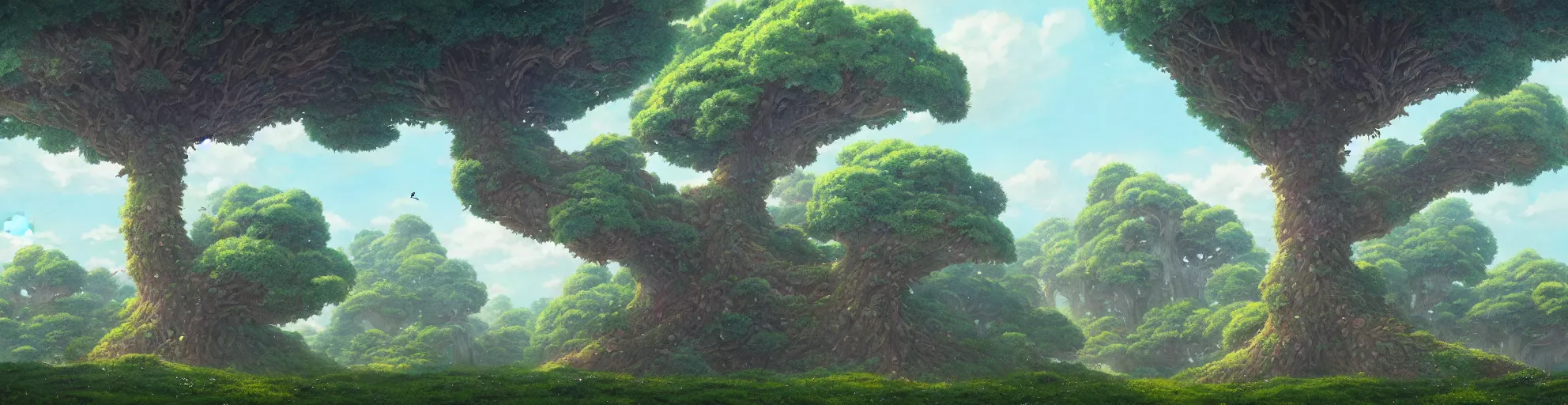 Prompt: A close up panorama landscape of oversized love tree, Studio Ghibli, abandoned castle in the sky, animated, anime, illustrated, vibrant, overgrown, by Greg Rutkowski, dungeons and dragons on artstation, very textured and highly detailed 8k