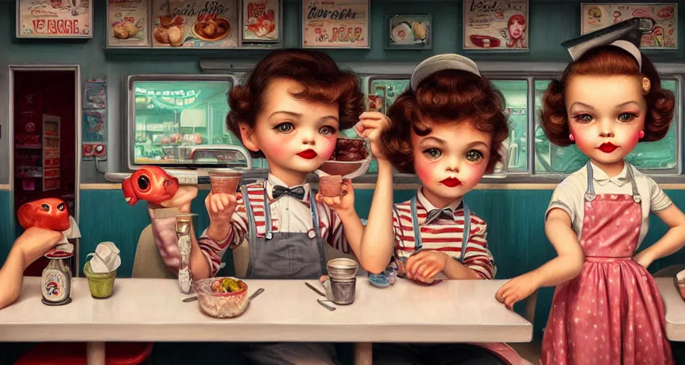 Image similar to closeup profile portrait of a 1 9 5 0 s diner, nicoletta ceccoli, mark ryden, lostfish, max fleischer, hyper realistic, artstation, illustration, digital paint, matte paint, vivid colors, bright, cheerful, detailed and intricate environment