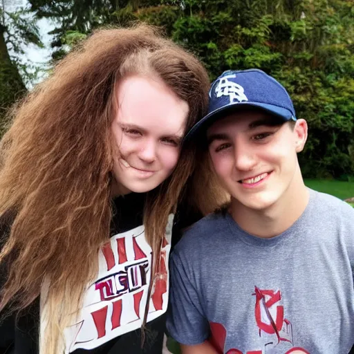 Image similar to 19-year-old girl with shaggy hair standing next to 19-year-old boy with baseball cap, stoner rock and nü metal coexisting, 2022 photograph