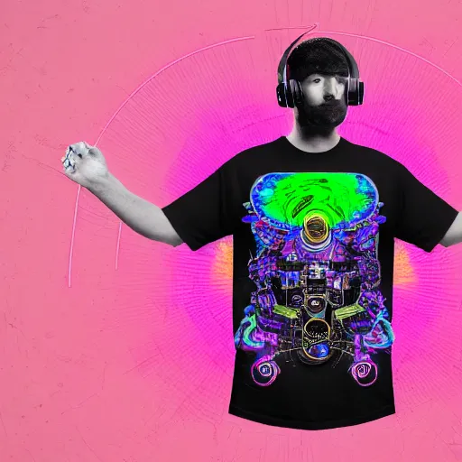 Prompt: mockup of a black tshirt with a hyperdetailed portrait of a steampunk robot with headphones on lsd, 8 k, symetrical, flourescent colors, trippy mood, multicolored,