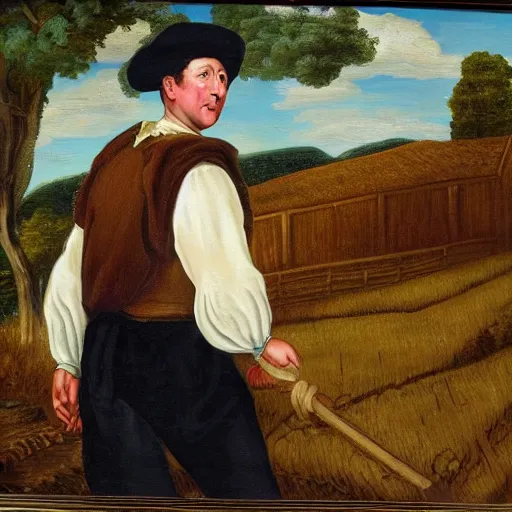 Image similar to david cameron as a 1 7 th century peasant toiling in the fields, painting, restored, 1 7 th century art