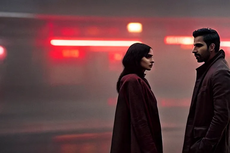 Image similar to film still of closeup beautiful model indian couple in blade runner 2 0 4 9, train station, cinematic, moody, gritty neon noir by emmanuel lubezki