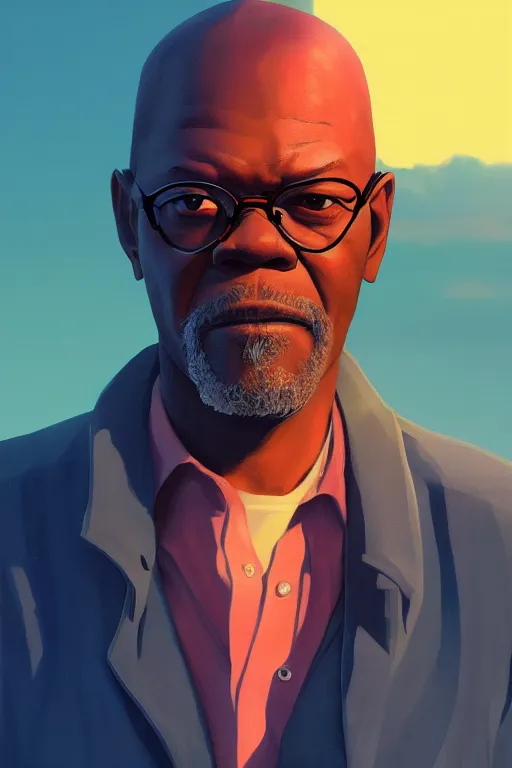 Image similar to portrait samuel l. jackson, sunset background, rich vivid colors, ambient lighting, dynamic lighting, 4k, official media, anime key visual, makoto shinkai, ilya kuvshinov, lois van baarle, rossdraws, detailed, trending on artstation