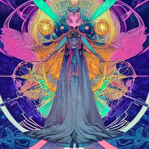 Prompt: the empress by travis charest and laurie greasley, yoshitaka amano, hiroshi yoshida, cosmic energy by Kelly McKernan, detailed, kaleidoscope, psychedelic, cosmic energy by Kelly McKernan, yoshitaka amano, hiroshi yoshida, moebius, artgerm, cool tone pastel rainbow colors, inspired by dnd, iridescent aesthetic, centered symmetrical and detailed