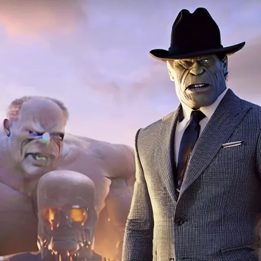 Image similar to a still of Joe Fixit Grey Hulk wearing a pinstripe suit and fedora appearing in Avengers: Infinity War