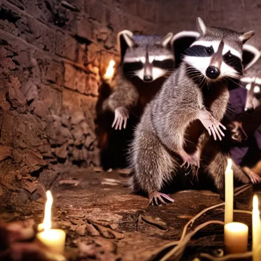 Prompt: dslr photo, a group of raccoons wearing dark cult robes perform a dark occult evil ceremony inside the secret lair of an underground mystery cult, dramatic candlelight, pentagrams, ultra - detailed, photorealistic, 4 k