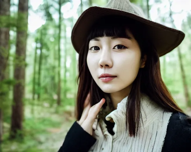 Image similar to close up portrait of an korean woman with beautiful face and modern clothes standing outside of an old cabin, forest in the background, bokeh, depth of field, dramatic lighting, cinematic, vivid colors, matte painting, vivid color scheme