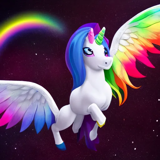 Image similar to Photograph of a Alicorn flying in the sky, white body, rainbow wings, rainbow horn, rainbow mane and tail, trending on artstation, ultrarealistic, 8k