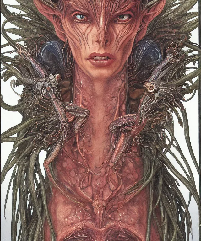 Prompt: a portrait photograph of a fierce lizzy caplan as an alien harpy queen with slimy amphibian skin. she is trying on evil bulbous slimy organic membrane fetish fashion and transforming into a fiery succubus amphibian mantis. by donato giancola, walton ford, ernst haeckel, brian froud, hr giger. 8 k, cgsociety