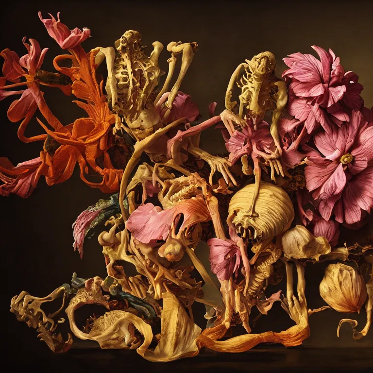 Image similar to still life of rotten flesh, beautiful tropical flowers, human spine, colorful mold, baroque painting, beautiful detailed intricate insanely detailed octane render, 8K artistic photography, photorealistic, chiaroscuro, Raphael, Caravaggio