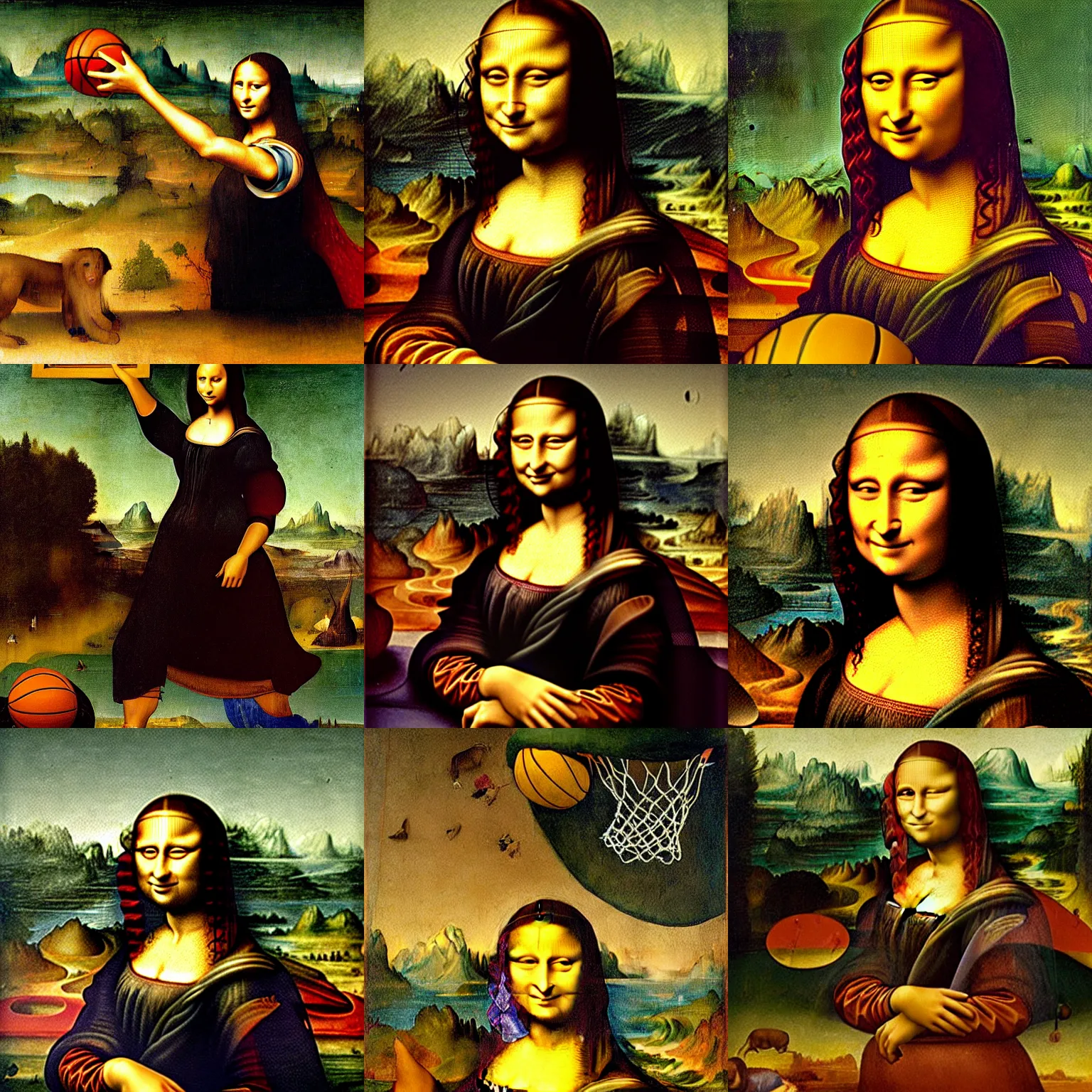 Prompt: the mona lisa dunking a basketball in the savannah, painting, detailed, hieronymus bosch