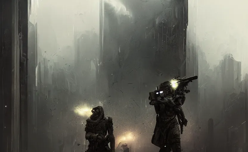 Image similar to portrait of sci fi soldier ranger, brutalist city architecture, dark epic, high details, ceremonial clouds, dripping paint, fibonacci rhythm, artstation, art germ, wlop, karol bak, christopher balaskas, ross tran, award - winning, artstation