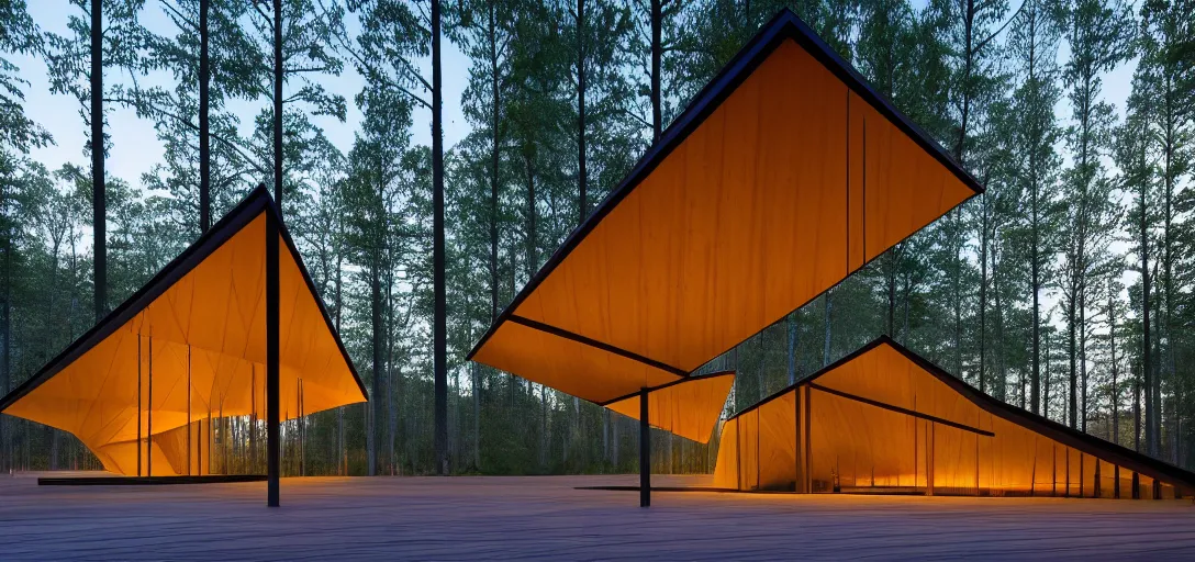 Image similar to faceted roof planes lift and descend creating shade and architectural expression, highly detailed, situated in the forest, next to a highly reflective lake, at dusk, vivid color