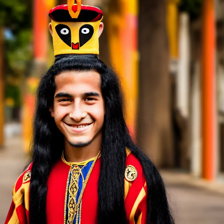 Prompt: A photo of Emperor Kuzco!!!!!!!!!!!!!!!! in his 13s, peruvian boy! looking, with his long black hair, beardless, smiling with confidence, and wearing!!! his emperor clothes. Portrait by Terry Richardson. Golden hour. 8K. UHD. Bokeh.