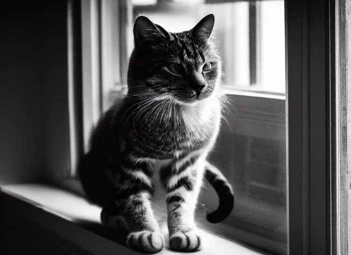 Image similar to photography of a Cat . watching outside the window while it rains. on a bed. in a 70's room full of vinyls and posters, photorealistic, raining award winning photo, 100mm, sharp, high res