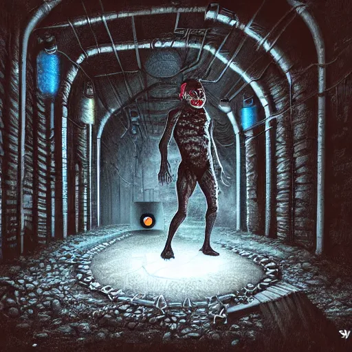 Prompt: a hyper realistic painting of a half lizard half man standing in a sewer, glowing eyes, creepy, horror vibe, real, in the style of dan mumford