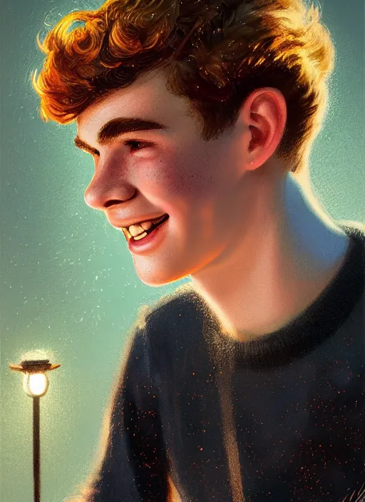 Image similar to portrait of teenage archie andrews, freckles, curly middle part haircut, curly hair, smiling kindly, friendly, 1 9 5 0 s, intricate, elegant, glowing lights, highly detailed, digital painting, artstation, concept art, smooth, sharp focus, illustration, art by wlop, mars ravelo and greg rutkowski