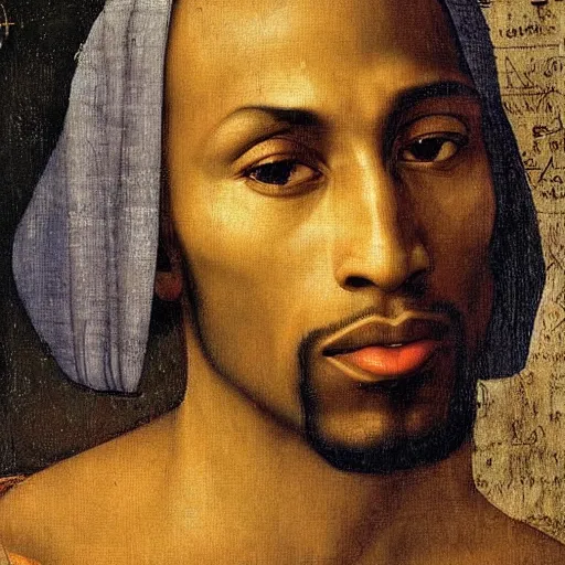 Image similar to A Renaissance portrait painting of Tupac Shakur by Giovanni Bellini and Leonardo da Vinci. 8k detailed painting Tupac