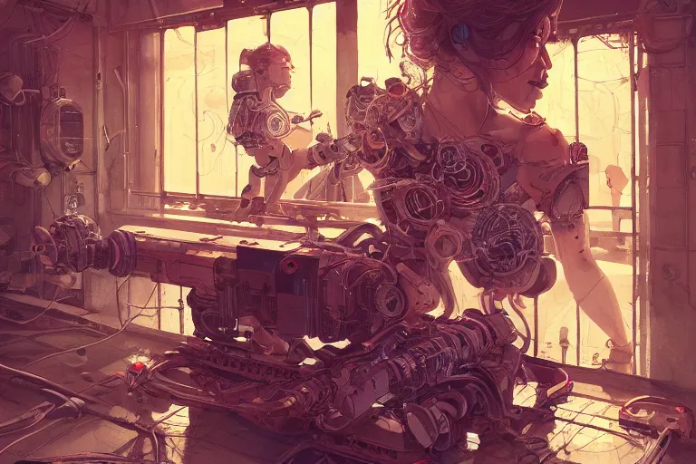 Image similar to hyperrealistic photography of a machine entering a female host in the style of Jin Kagetsu, James Jean and wlop, highly detailed, sharp focus, intricate concept art, digital painting, ambient lighting, 4k, artstation