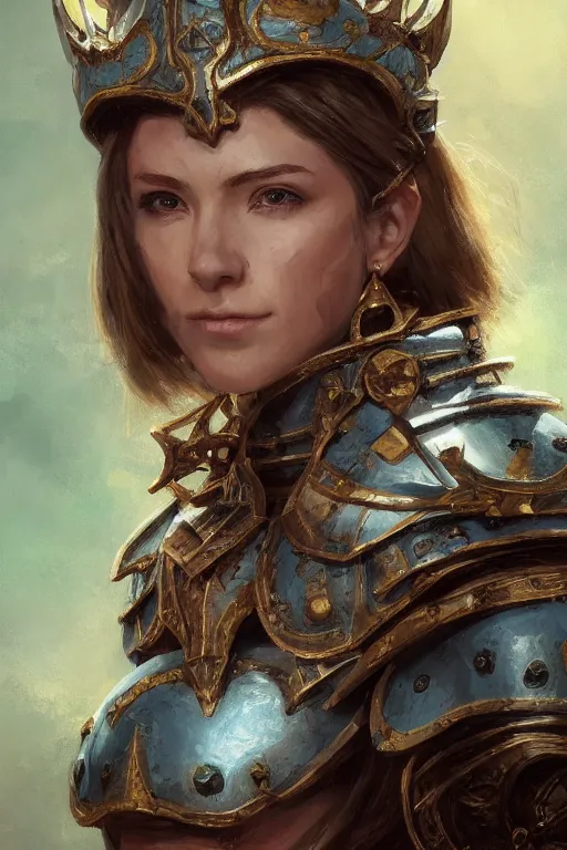 Image similar to highly detailed full body portrait painting of a proud young female knight in the style of Warhammer Fantasy by Craig Mullins, medium hair, green eyes, earrings, no helmet, low angle shot, highly detailed, trending on artstation, cgsociety, 4k, 8k, HDR, octane render, unreal engine