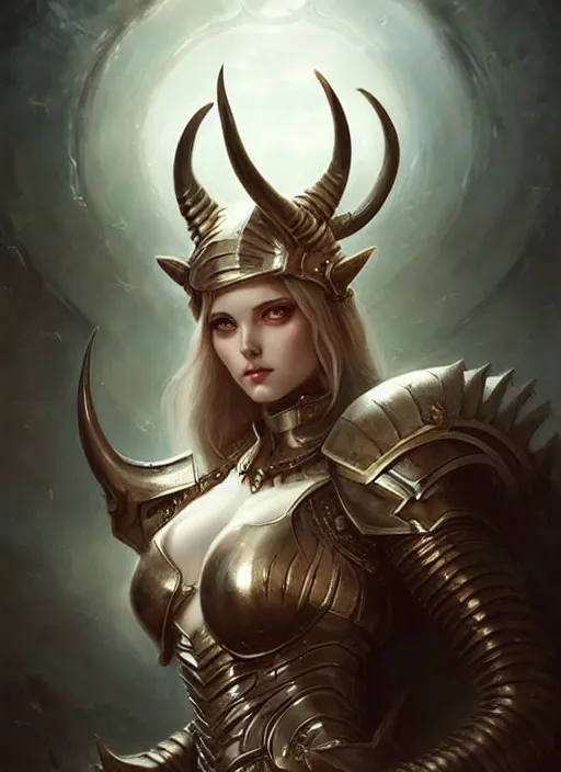 Image similar to a beautiful woman with horns and armor, painted by artgerm and tom bagshaw, fantasy art, dramatic lighting, highly detailed oil painting